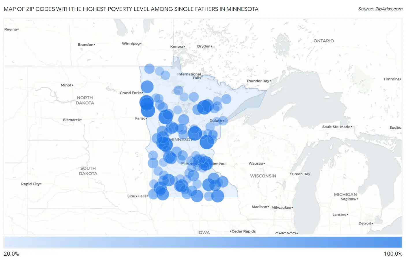 Zip Codes with the Highest Poverty Level Among Single Fathers in Minnesota Map