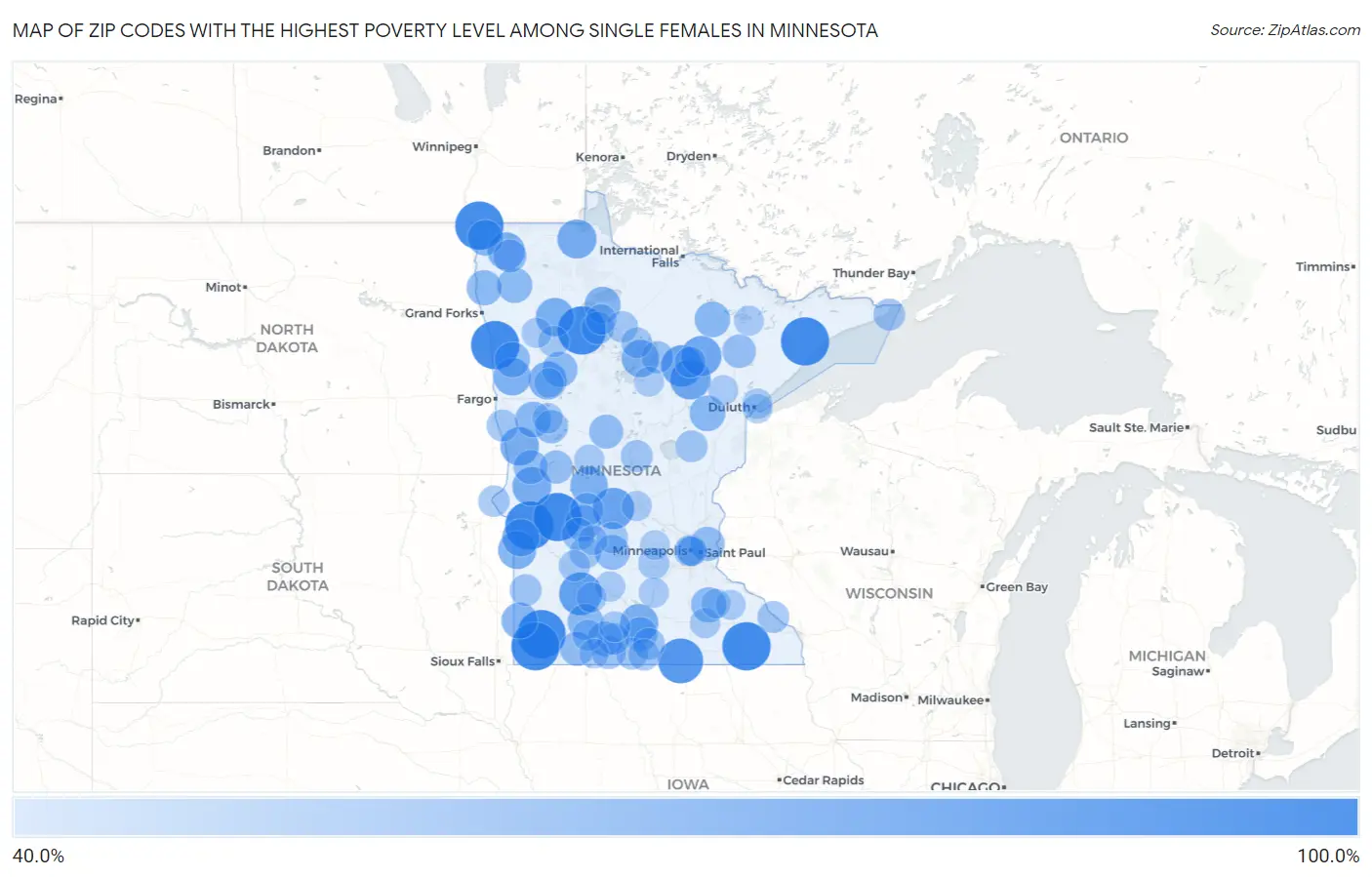Zip Codes with the Highest Poverty Level Among Single Females in Minnesota Map