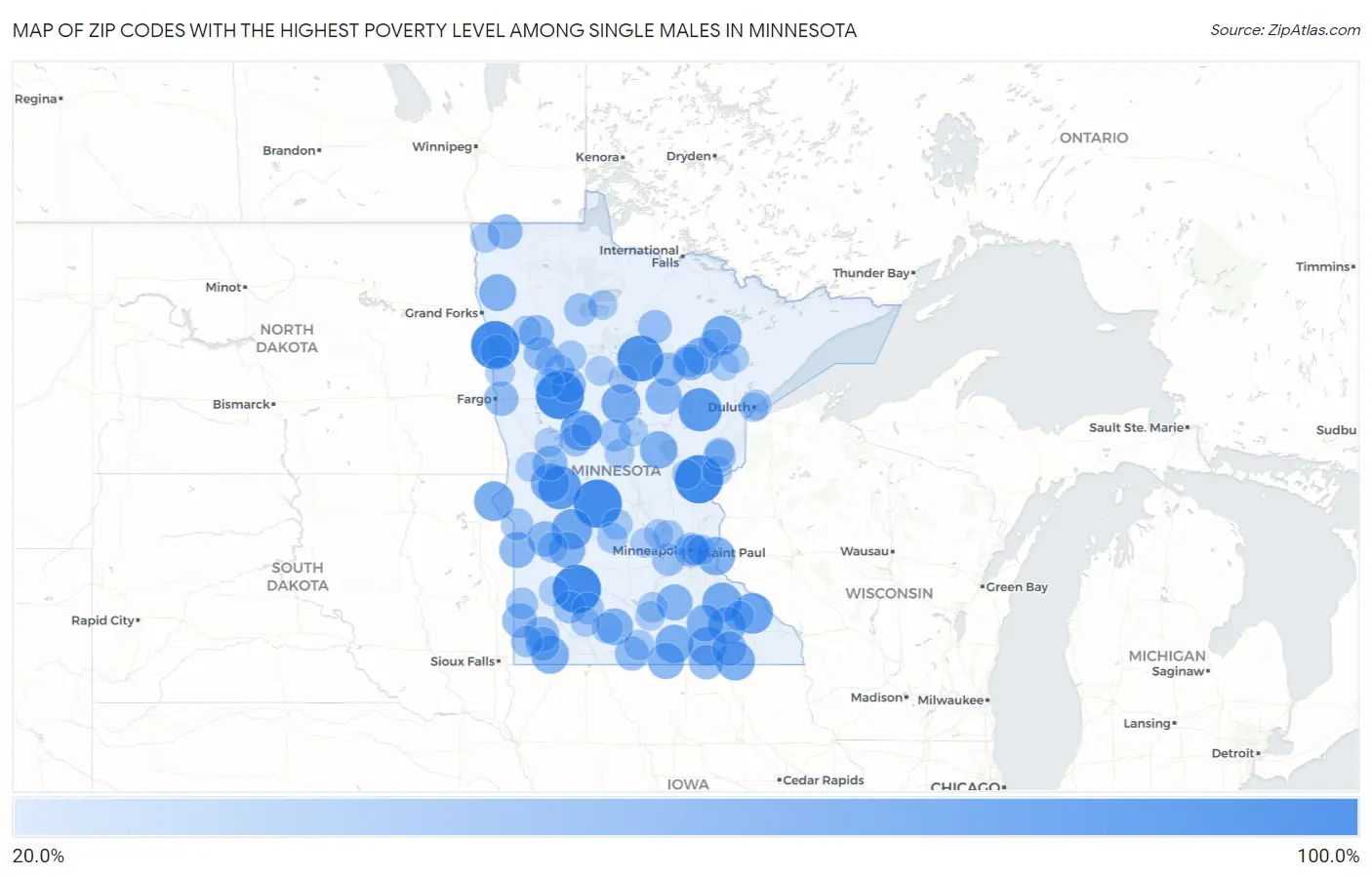 Zip Codes with the Highest Poverty Level Among Single Males in Minnesota Map