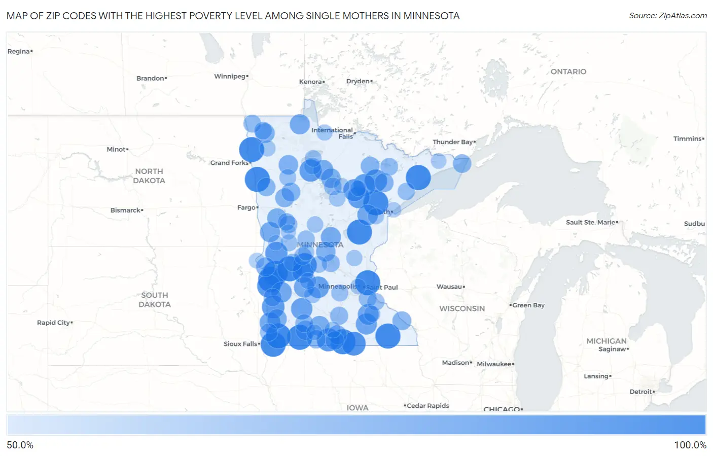 Zip Codes with the Highest Poverty Level Among Single Mothers in Minnesota Map