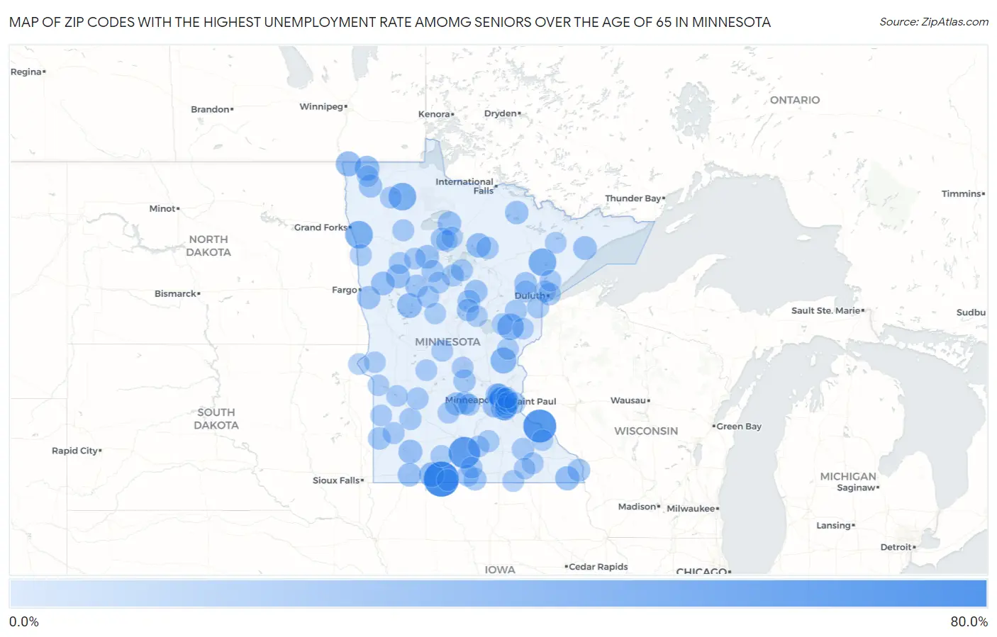 Zip Codes with the Highest Unemployment Rate Amomg Seniors Over the Age of 65 in Minnesota Map