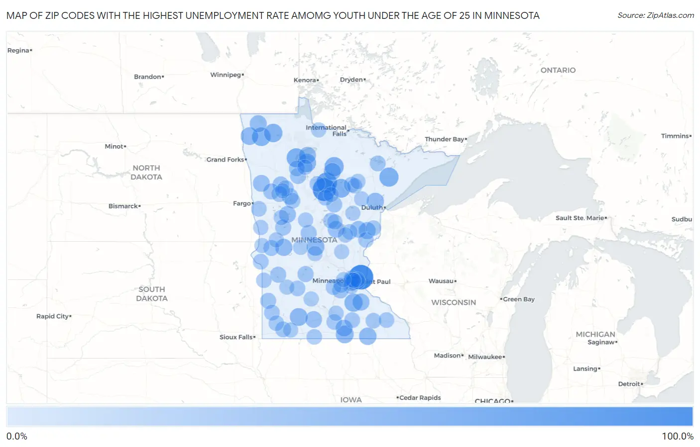 Zip Codes with the Highest Unemployment Rate Amomg Youth Under the Age of 25 in Minnesota Map
