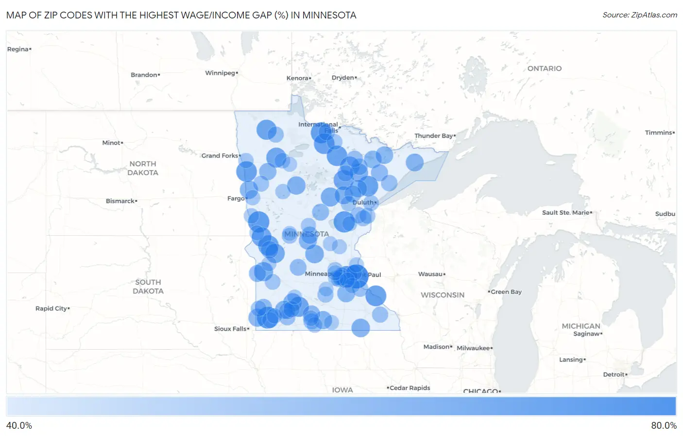 Zip Codes with the Highest Wage/Income Gap (%) in Minnesota Map