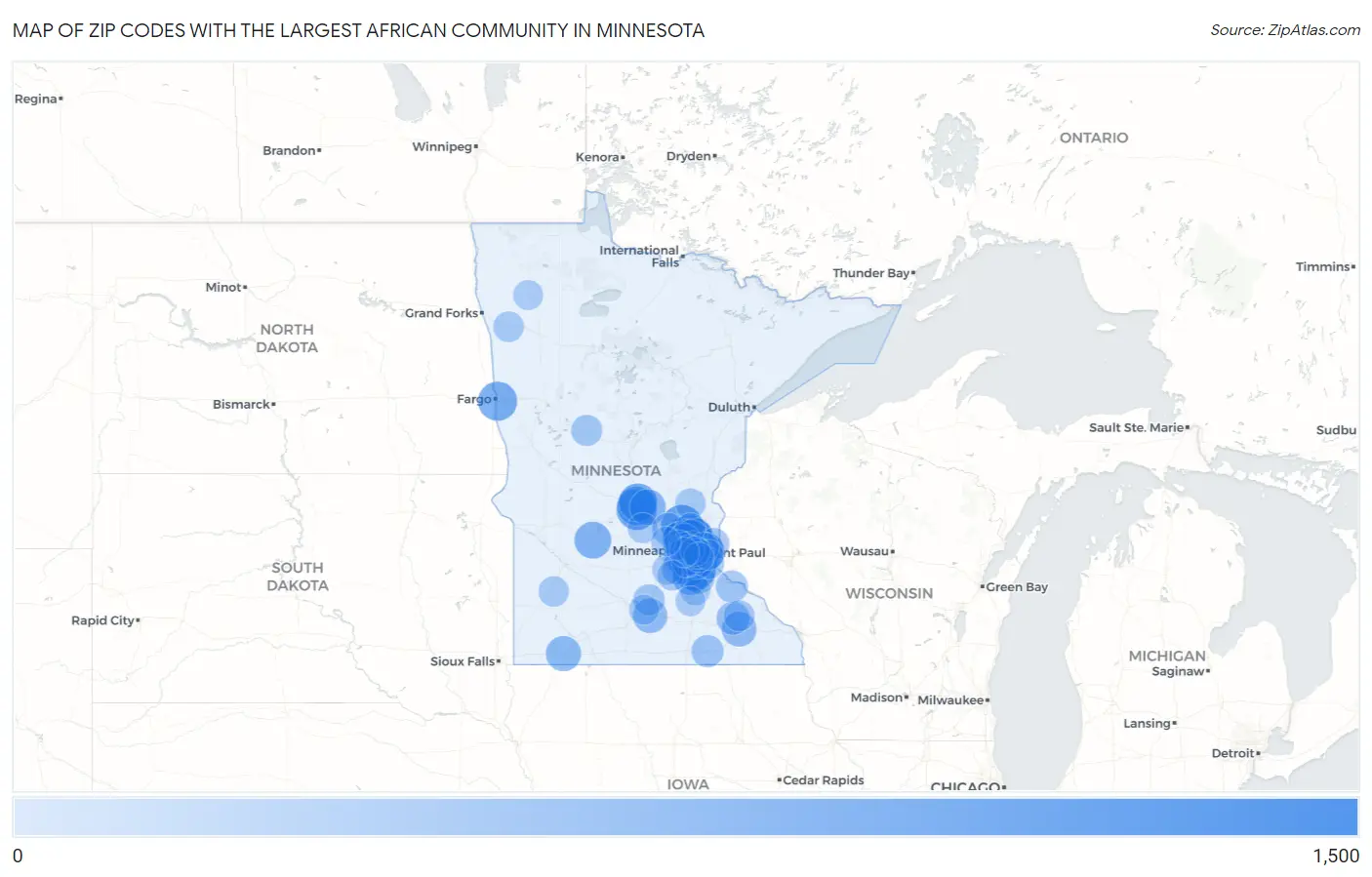 Zip Codes with the Largest African Community in Minnesota Map