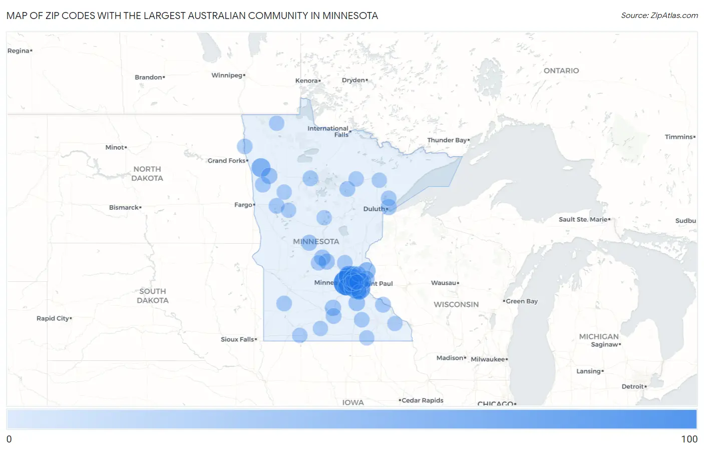 Zip Codes with the Largest Australian Community in Minnesota Map
