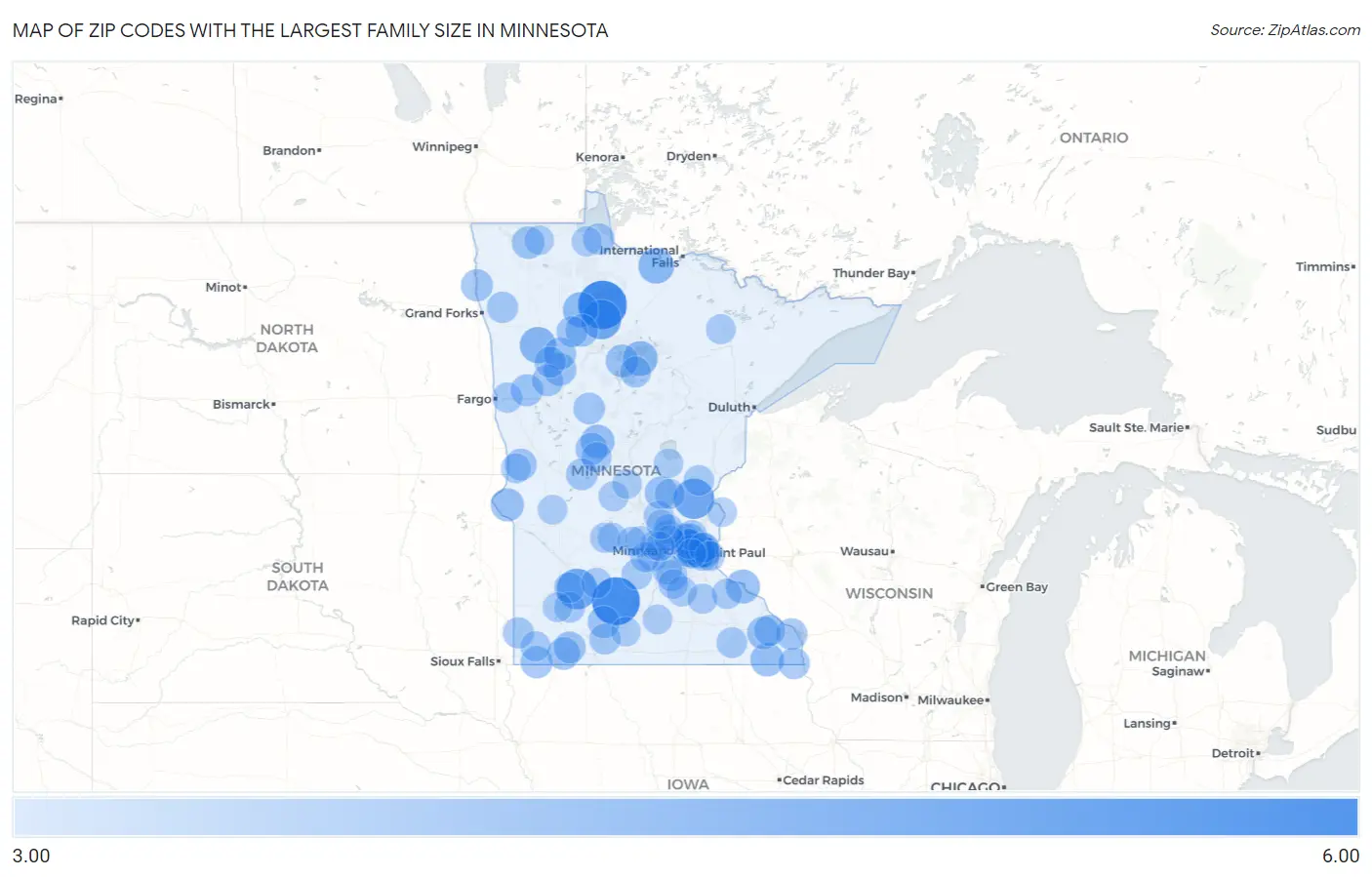 Zip Codes with the Largest Family Size in Minnesota Map
