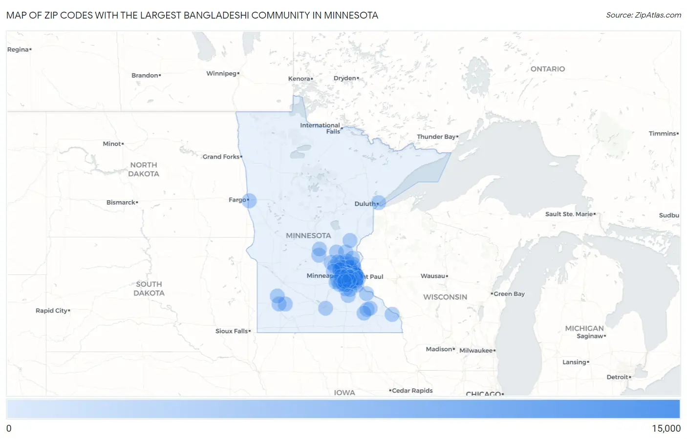 Zip Codes with the Largest Bangladeshi Community in Minnesota Map