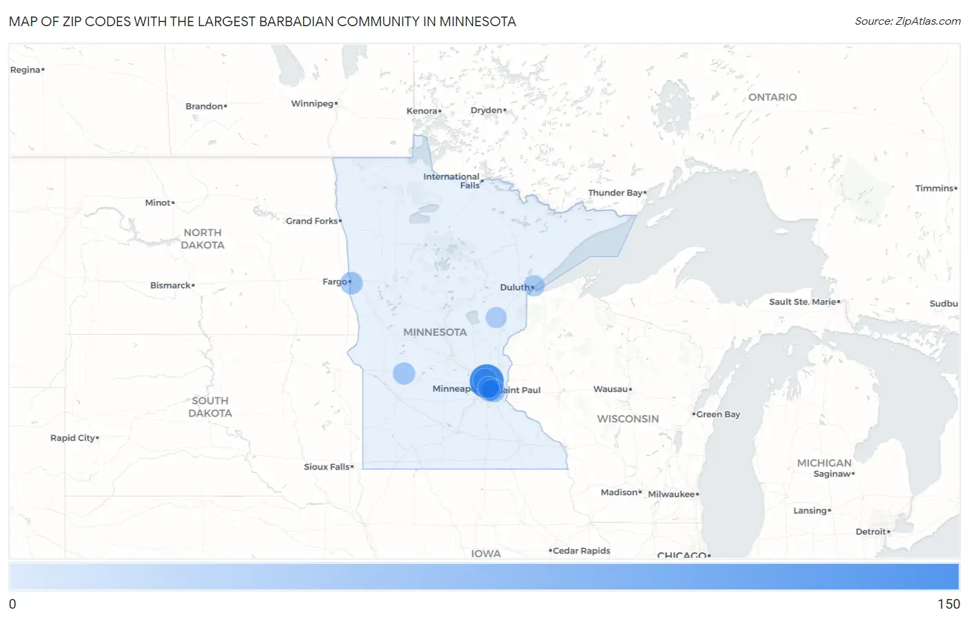 Zip Codes with the Largest Barbadian Community in Minnesota Map