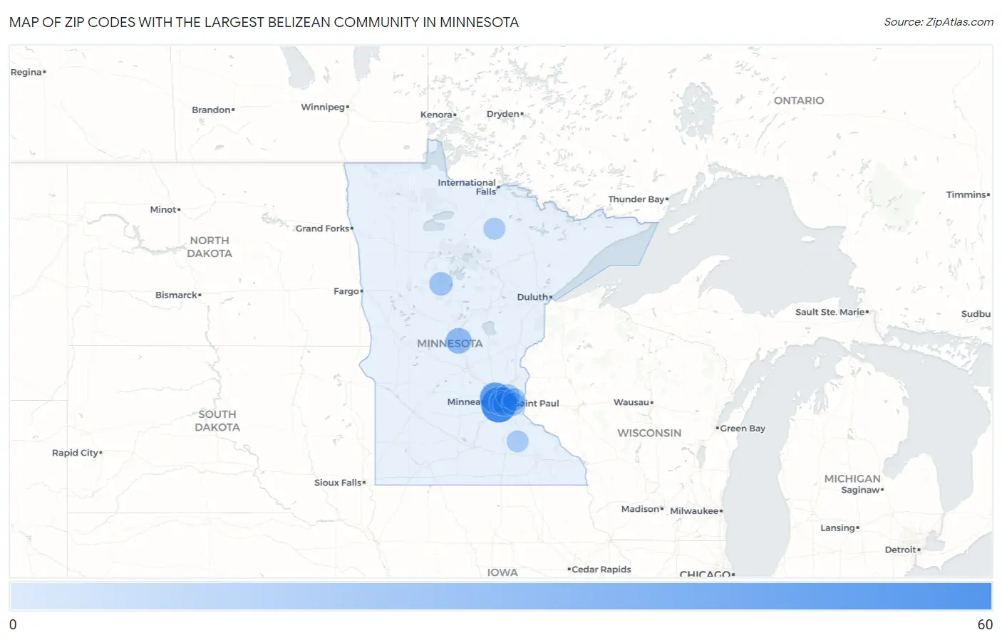 Zip Codes with the Largest Belizean Community in Minnesota Map