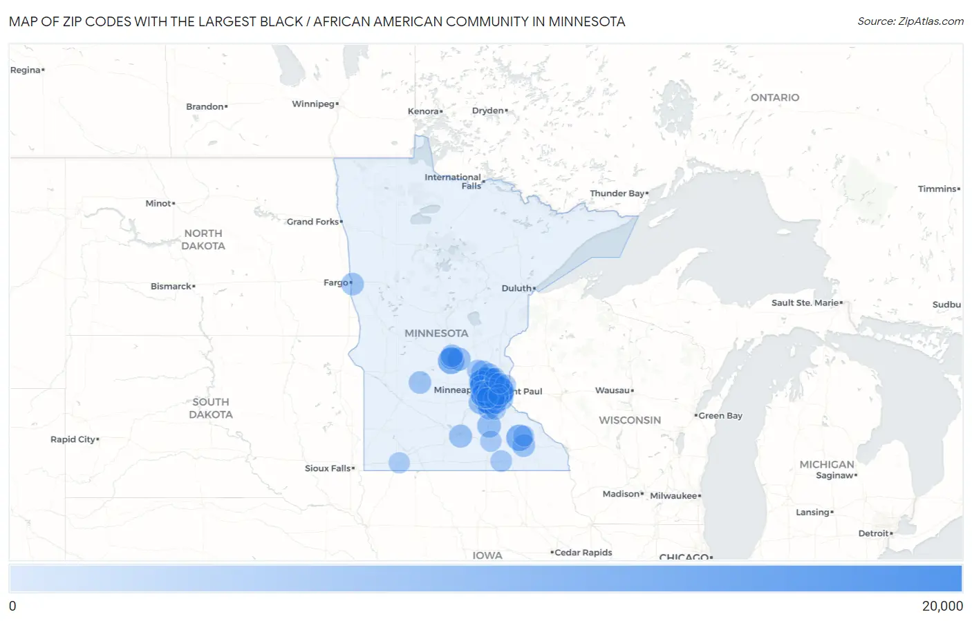 Zip Codes with the Largest Black / African American Community in Minnesota Map