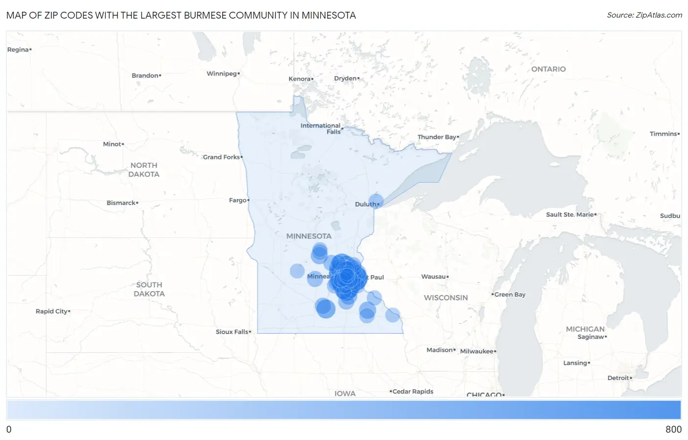 Zip Codes with the Largest Burmese Community in Minnesota Map