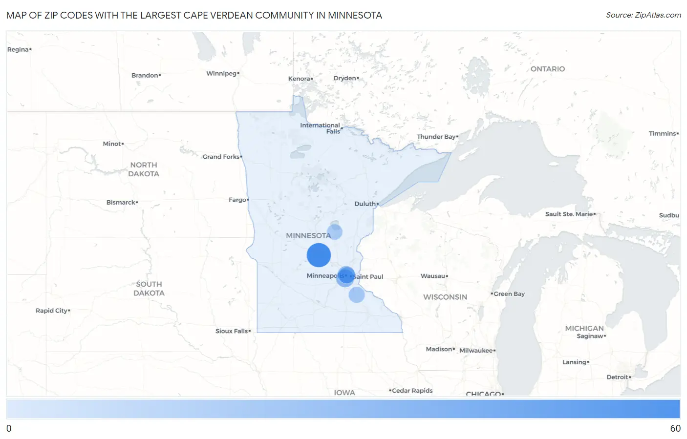 Zip Codes with the Largest Cape Verdean Community in Minnesota Map