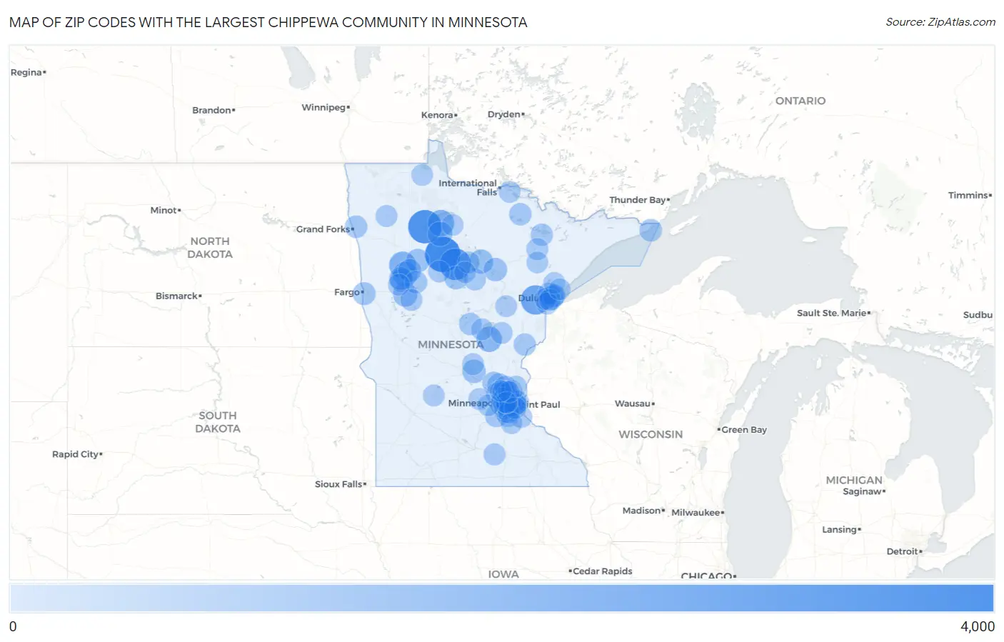 Zip Codes with the Largest Chippewa Community in Minnesota Map