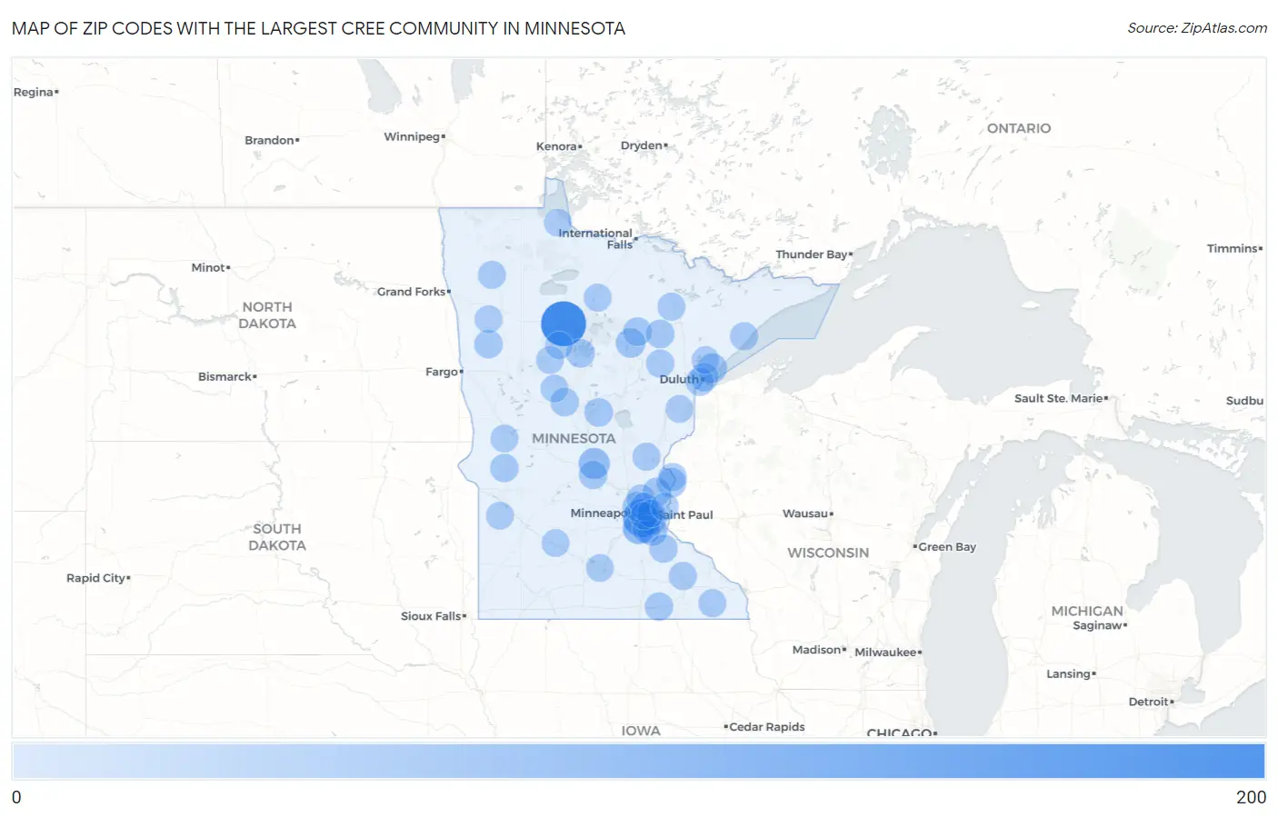 Zip Codes with the Largest Cree Community in Minnesota Map