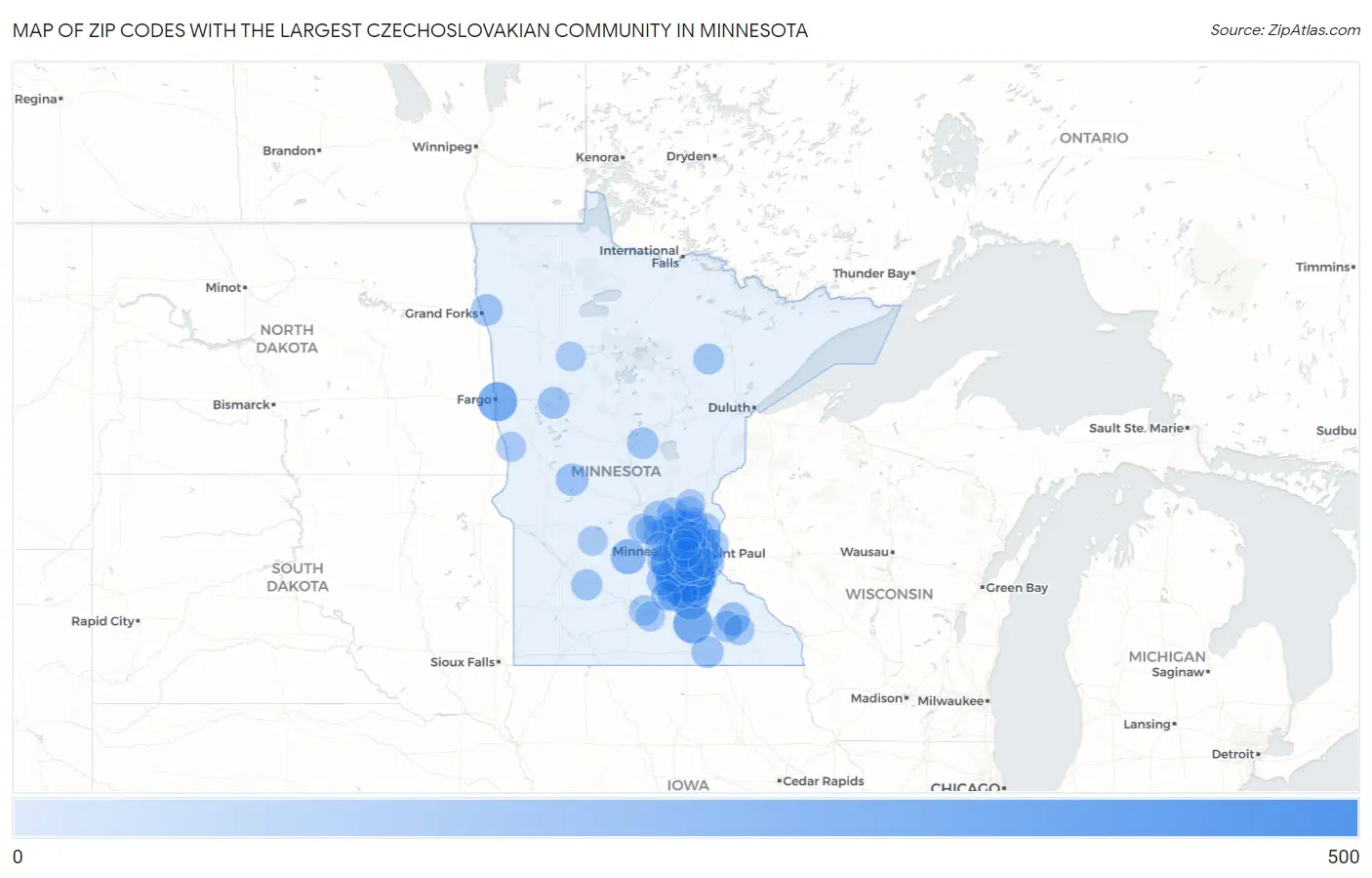 Zip Codes with the Largest Czechoslovakian Community in Minnesota Map