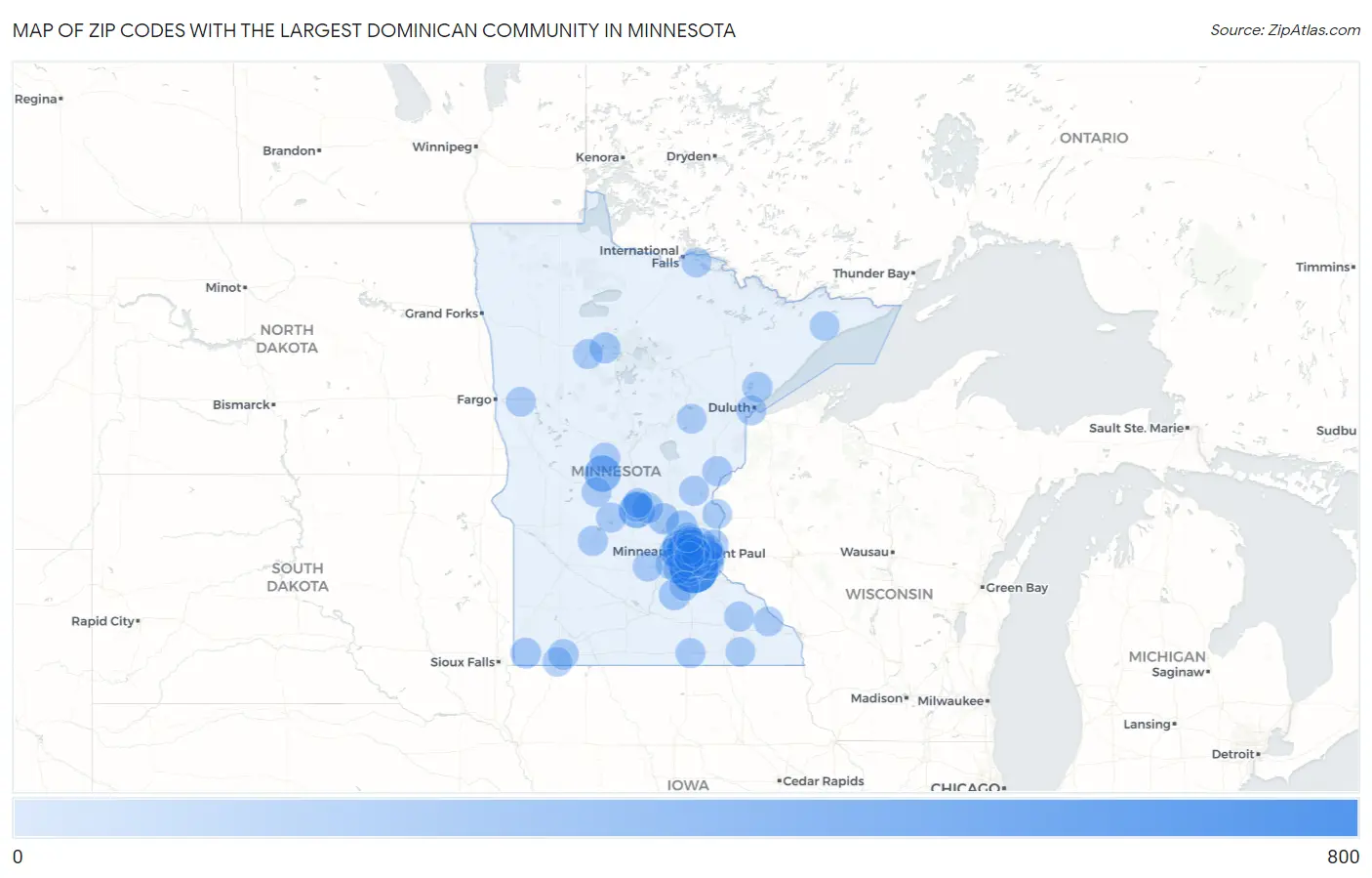 Zip Codes with the Largest Dominican Community in Minnesota Map