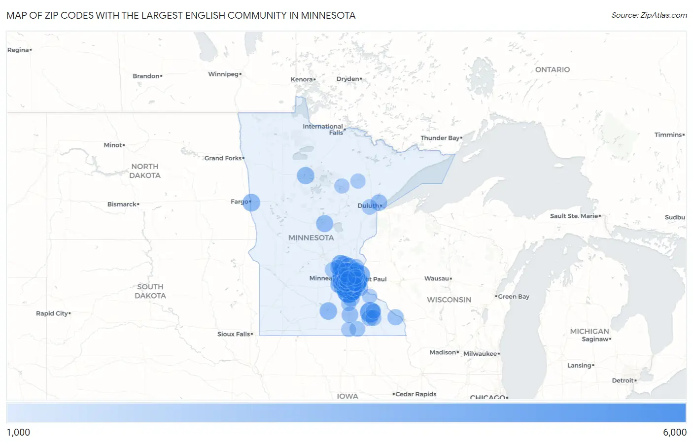 Zip Codes with the Largest English Community in Minnesota Map