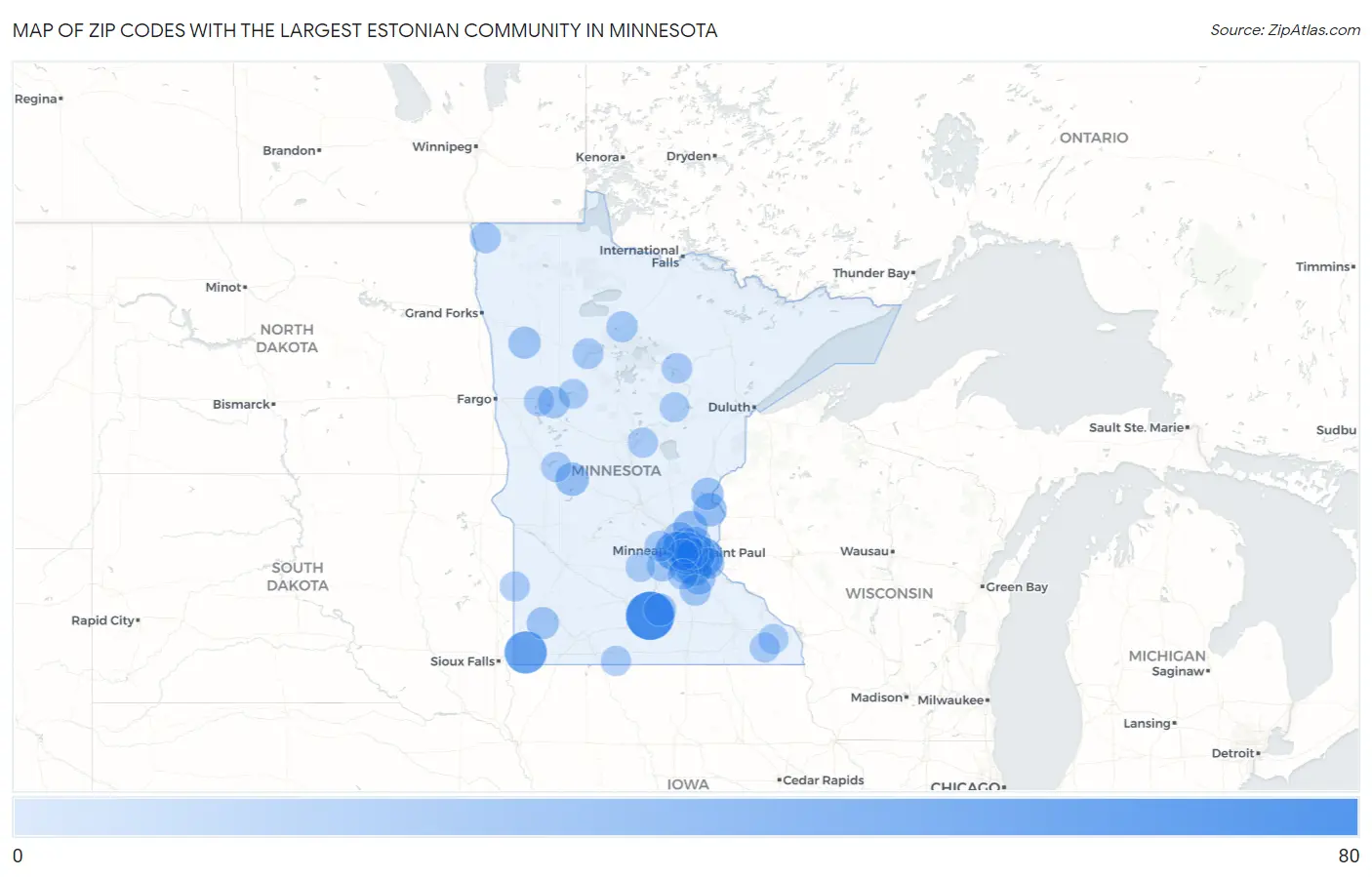Zip Codes with the Largest Estonian Community in Minnesota Map