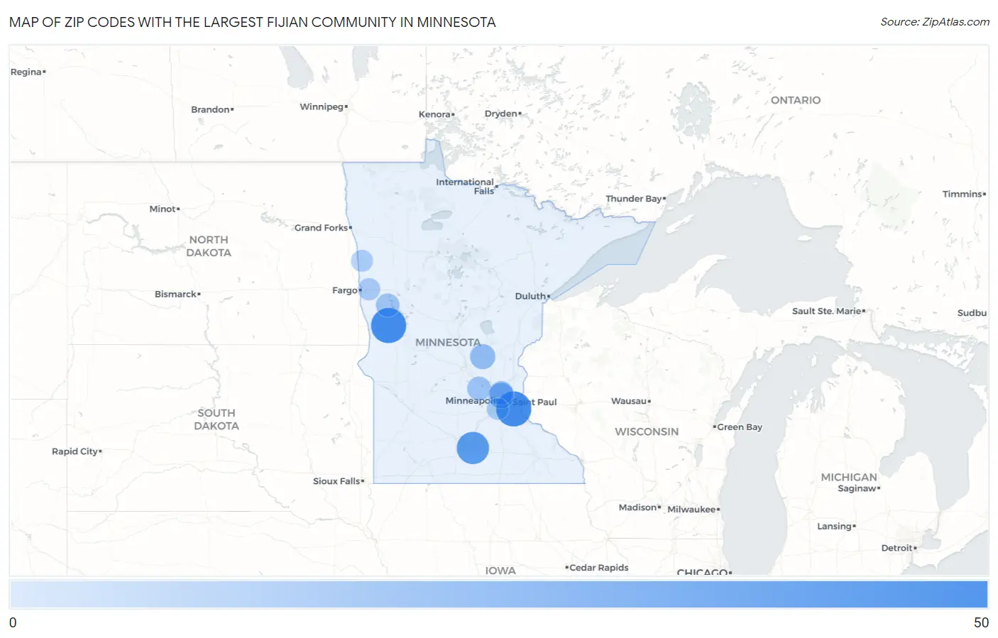 Zip Codes with the Largest Fijian Community in Minnesota Map