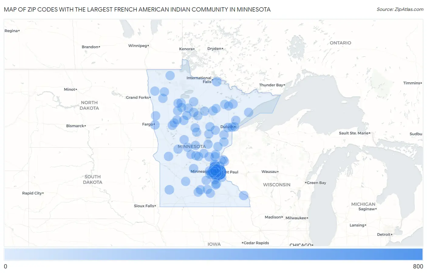 Zip Codes with the Largest French American Indian Community in Minnesota Map