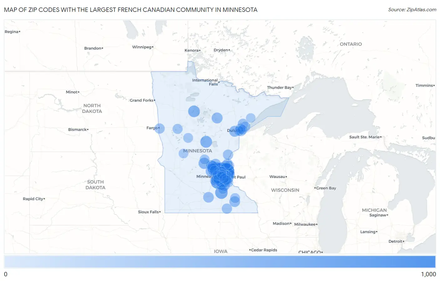 Zip Codes with the Largest French Canadian Community in Minnesota Map