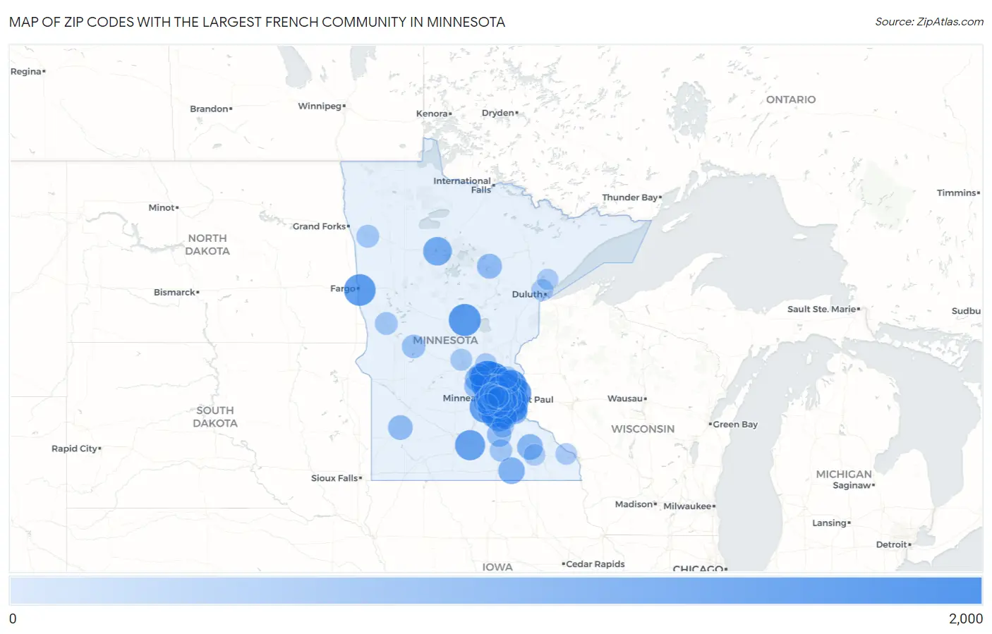 Zip Codes with the Largest French Community in Minnesota Map