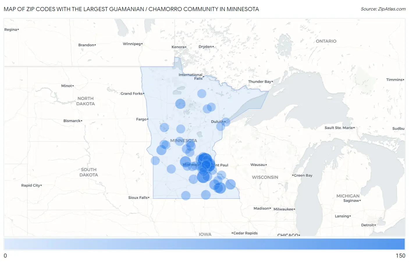 Zip Codes with the Largest Guamanian / Chamorro Community in Minnesota Map