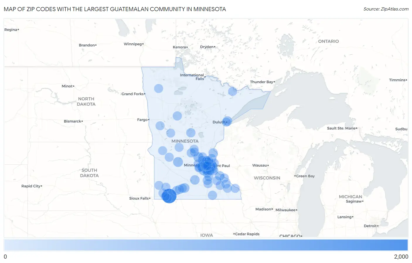 Zip Codes with the Largest Guatemalan Community in Minnesota Map