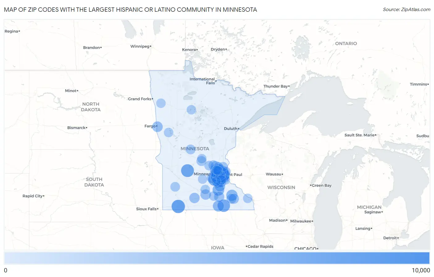Zip Codes with the Largest Hispanic or Latino Community in Minnesota Map