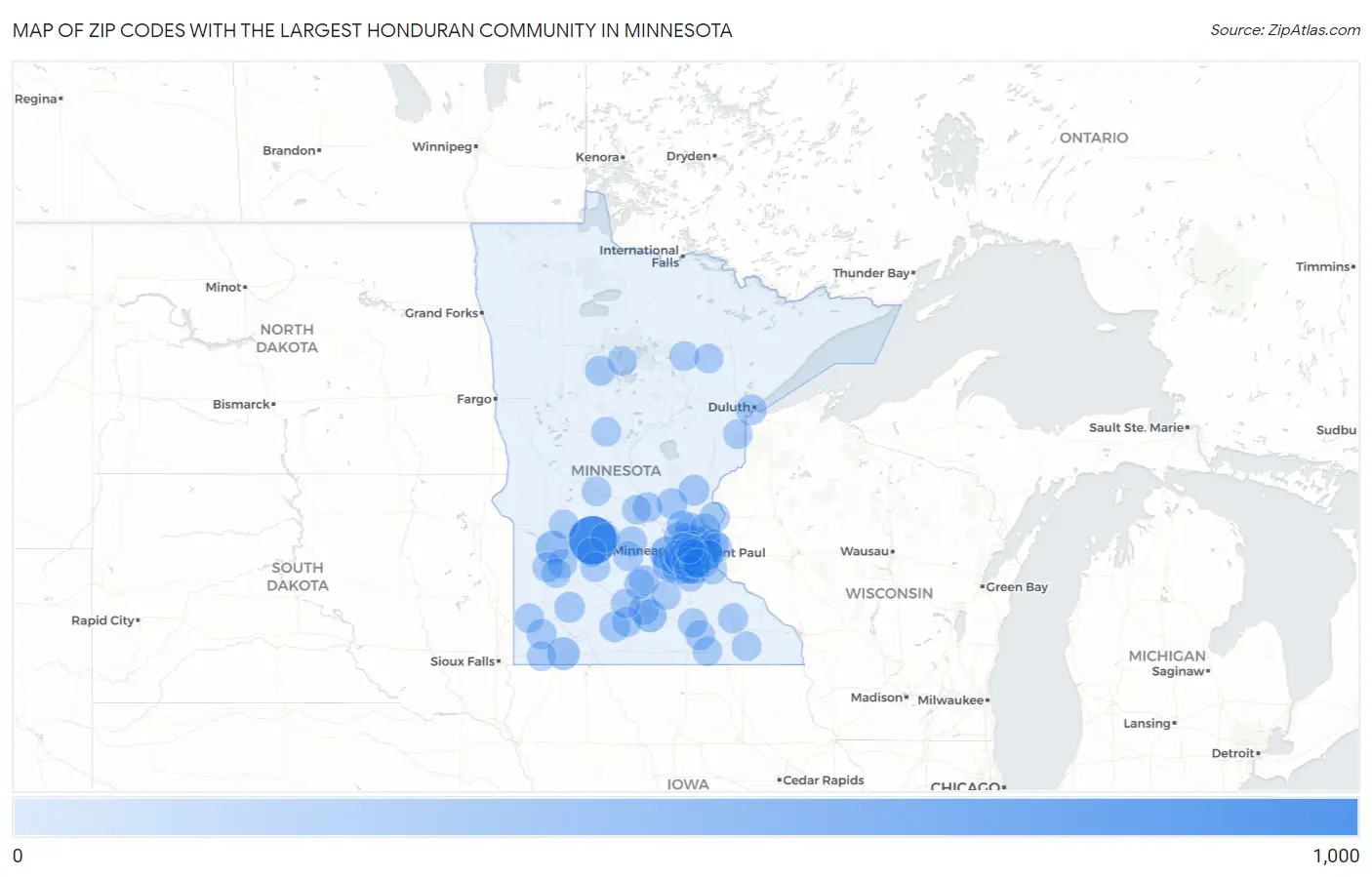 Zip Codes with the Largest Honduran Community in Minnesota Map