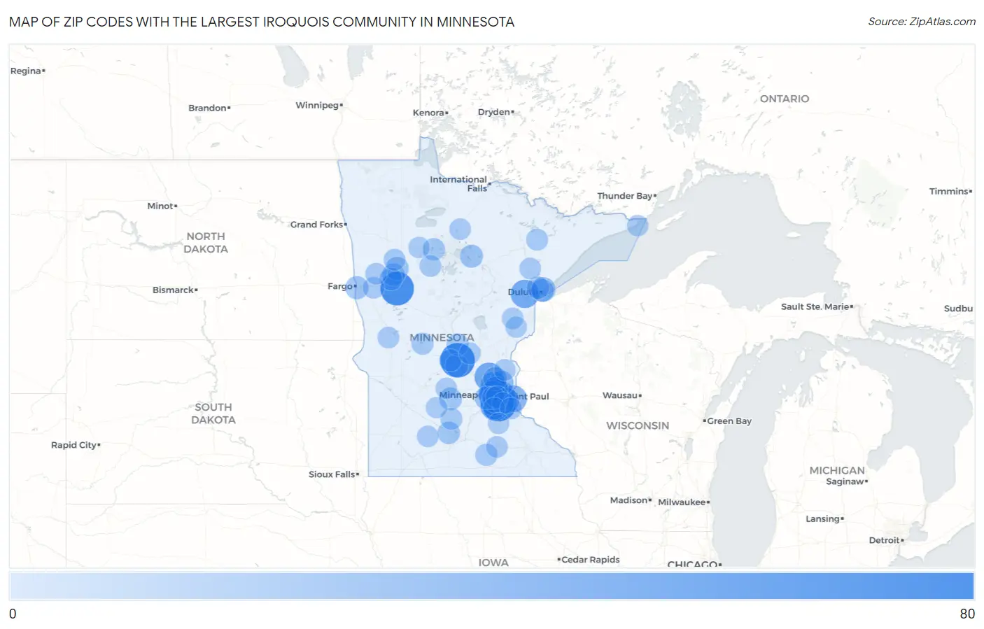 Zip Codes with the Largest Iroquois Community in Minnesota Map