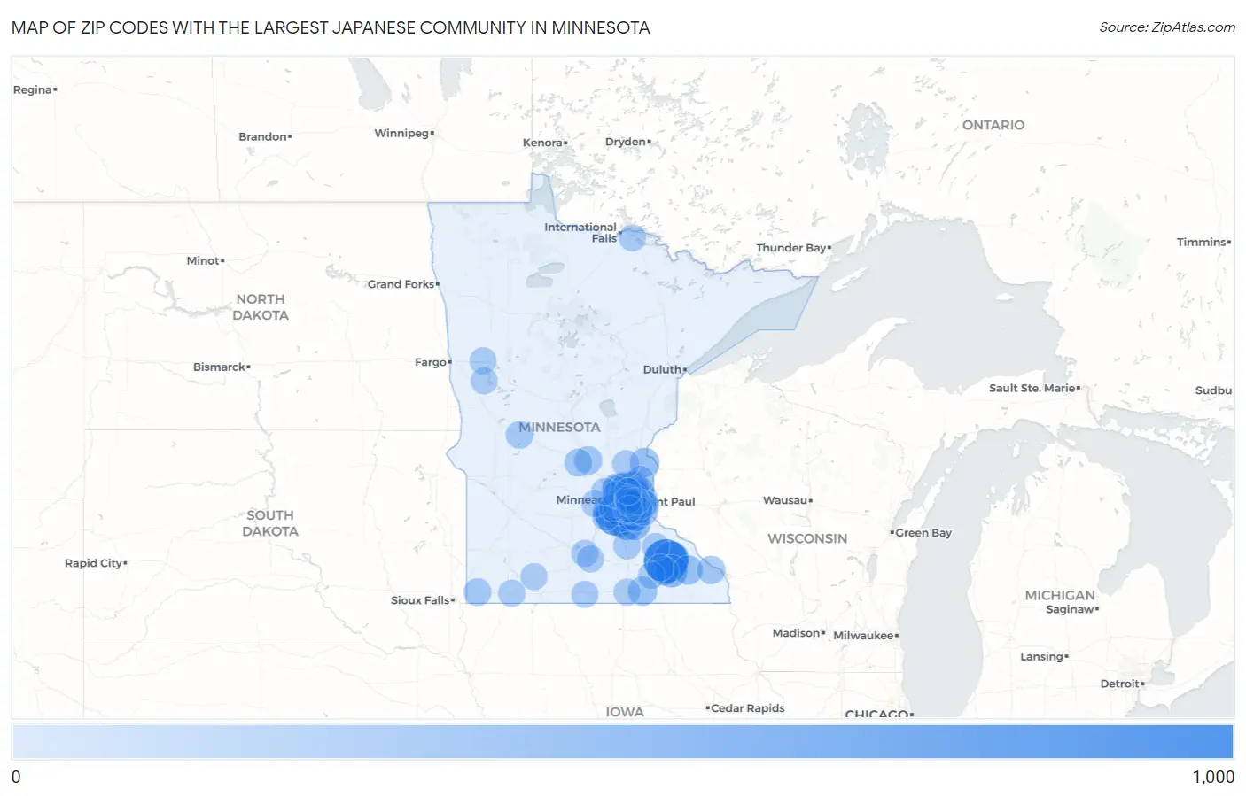 Zip Codes with the Largest Japanese Community in Minnesota Map