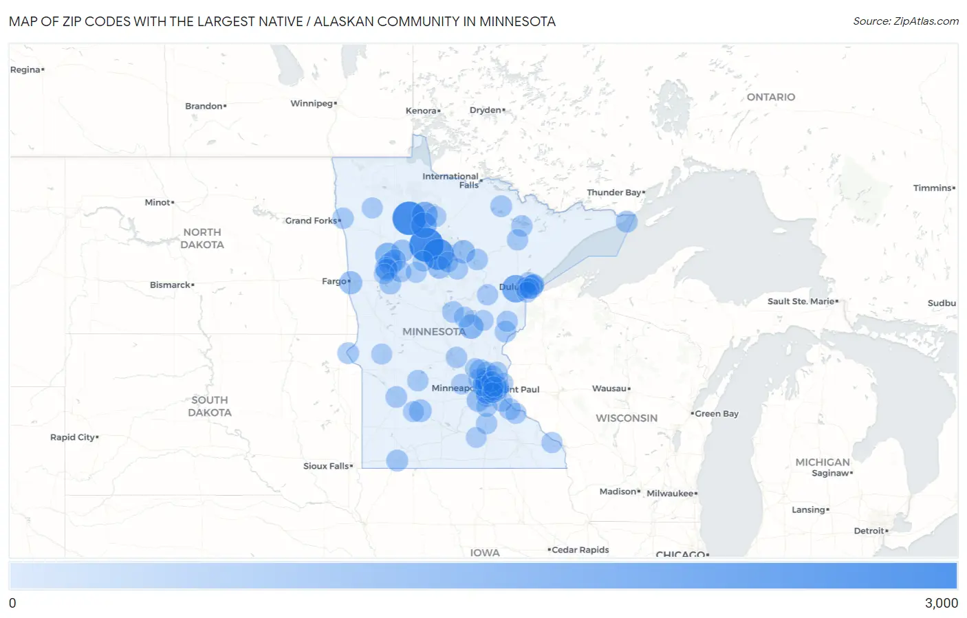 Zip Codes with the Largest Native / Alaskan Community in Minnesota Map