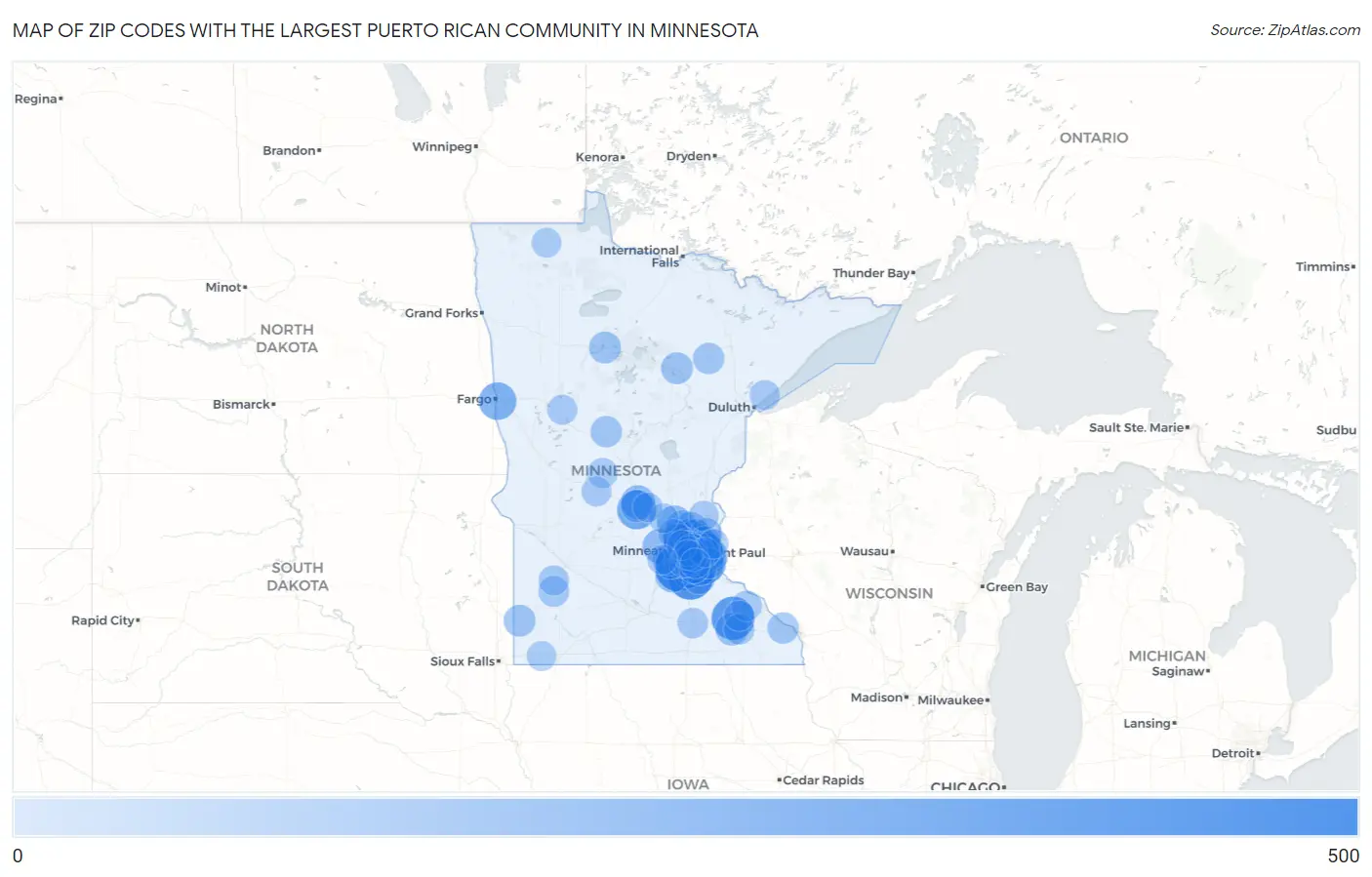 Zip Codes with the Largest Puerto Rican Community in Minnesota Map