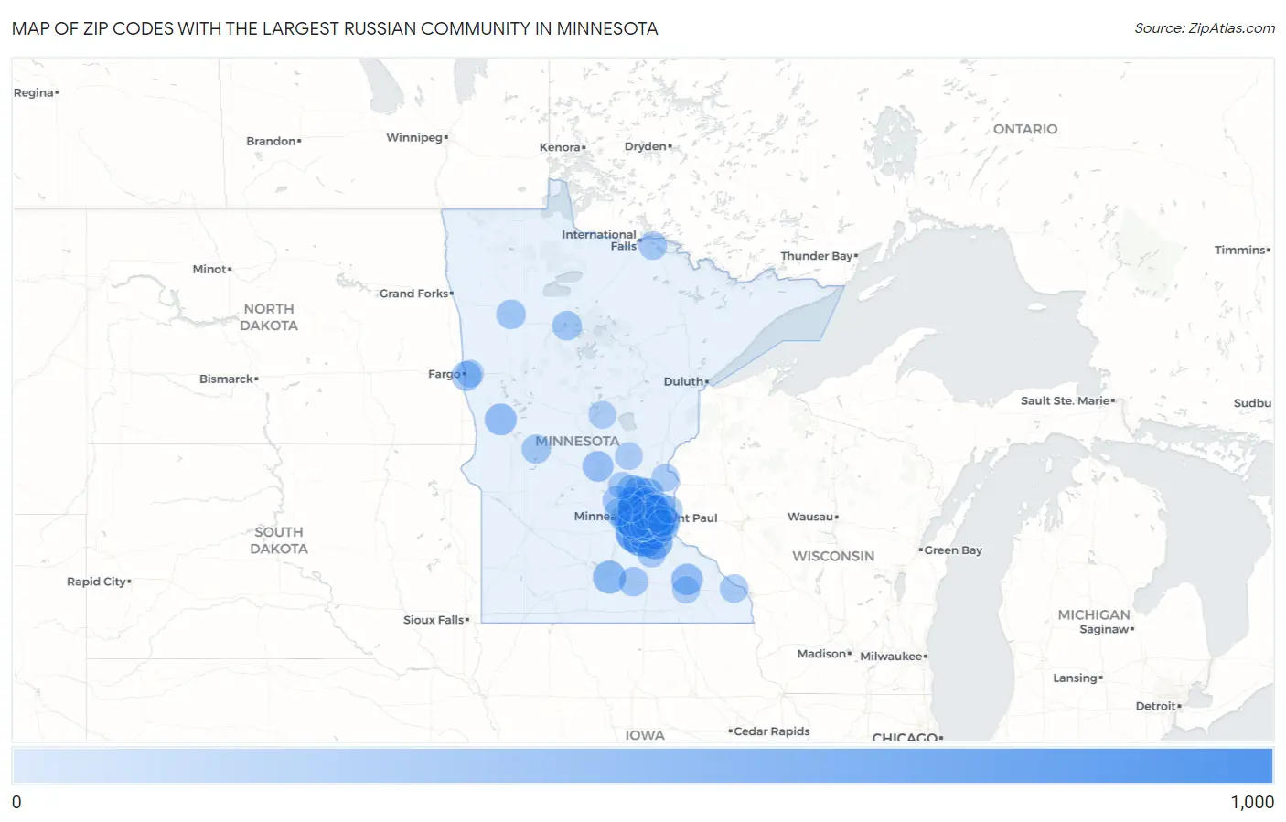 Zip Codes with the Largest Russian Community in Minnesota Map
