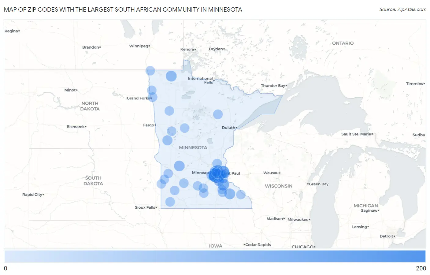 Zip Codes with the Largest South African Community in Minnesota Map