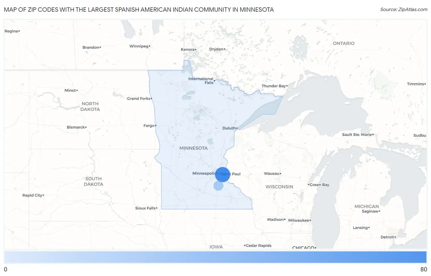 Zip Codes with the Largest Spanish American Indian Community in Minnesota Map