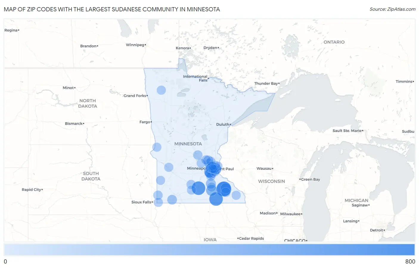 Zip Codes with the Largest Sudanese Community in Minnesota Map