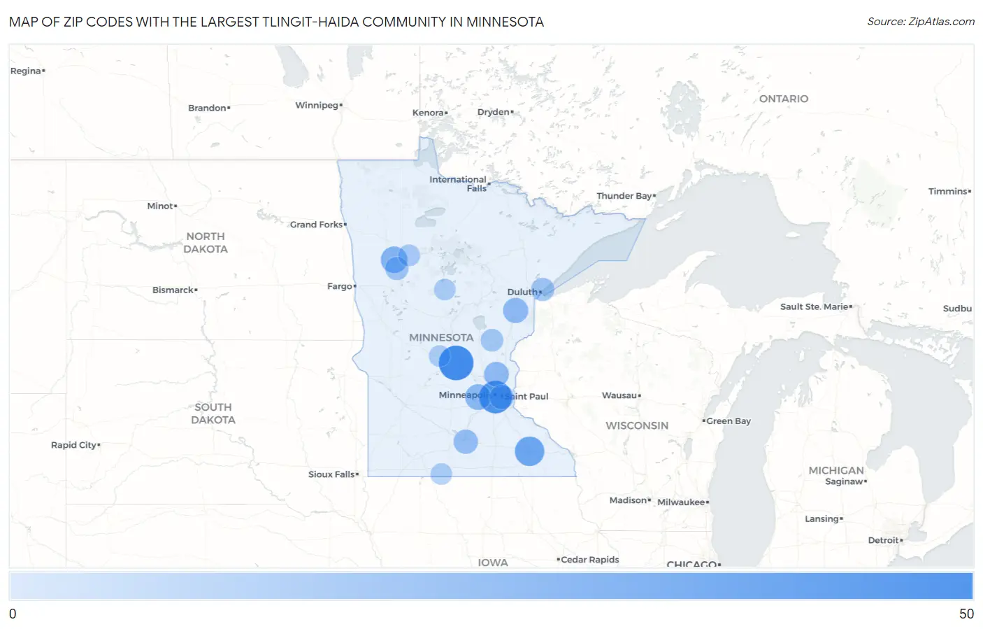 Zip Codes with the Largest Tlingit-Haida Community in Minnesota Map