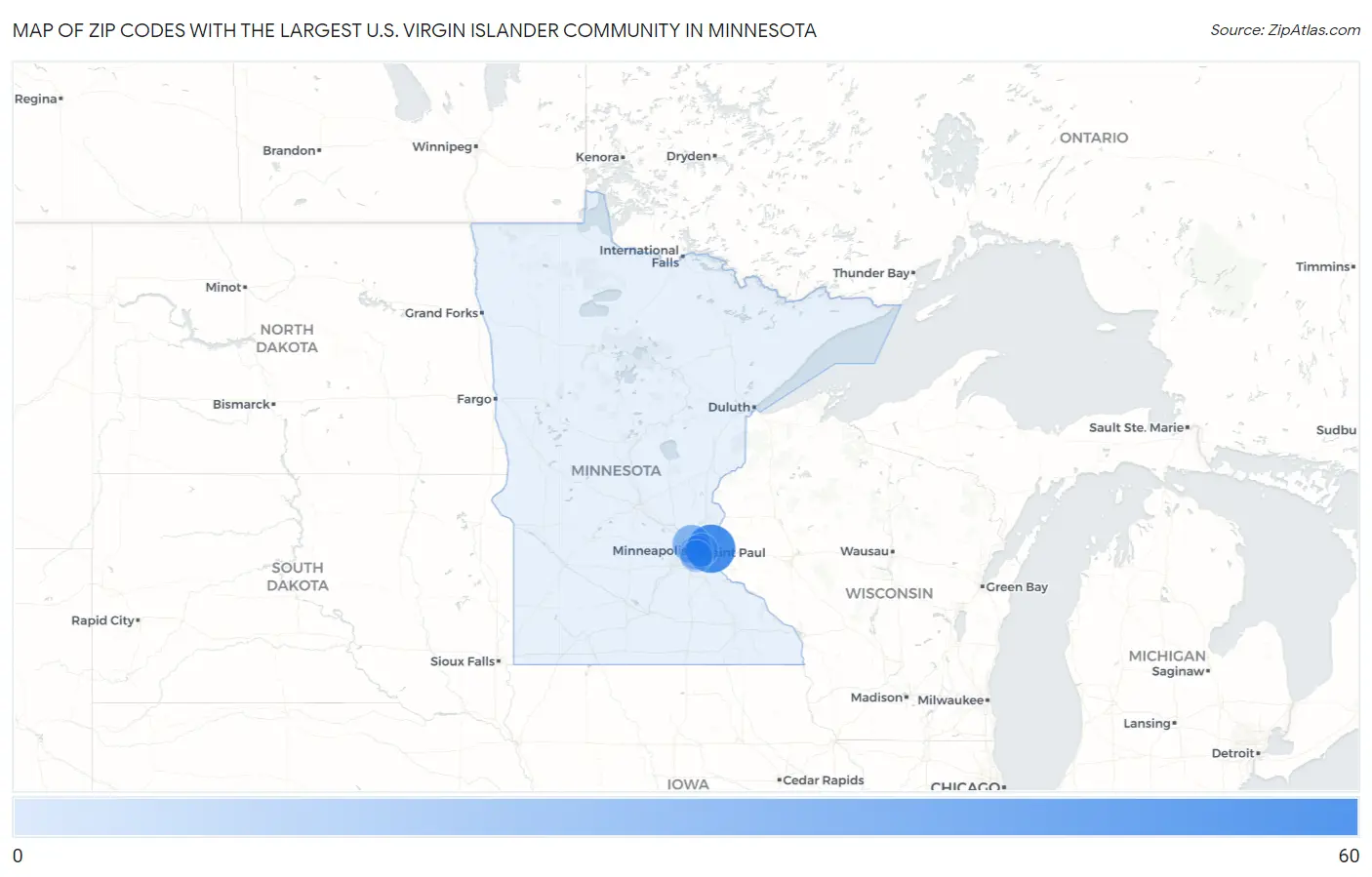 Zip Codes with the Largest U.S. Virgin Islander Community in Minnesota Map