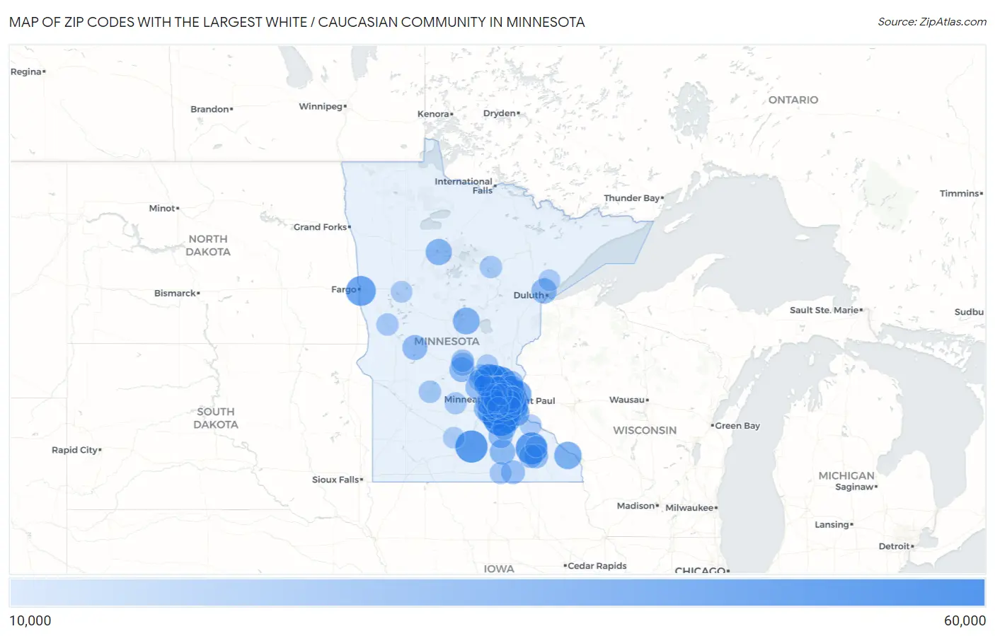 Zip Codes with the Largest White / Caucasian Community in Minnesota Map