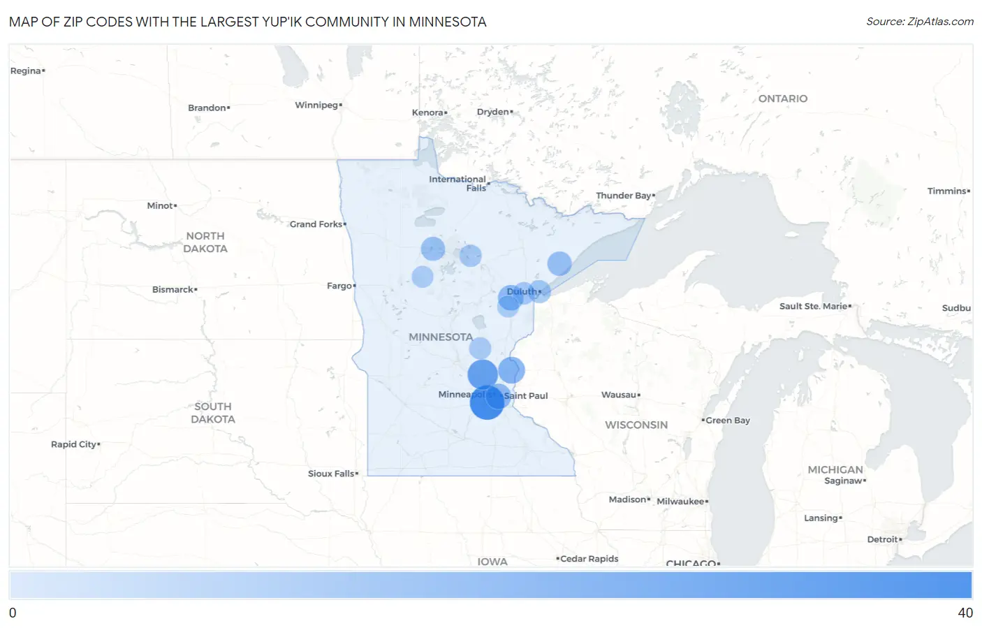 Zip Codes with the Largest Yup'ik Community in Minnesota Map