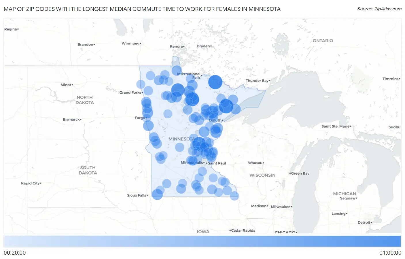 Zip Codes with the Longest Median Commute Time to Work for Females in Minnesota Map