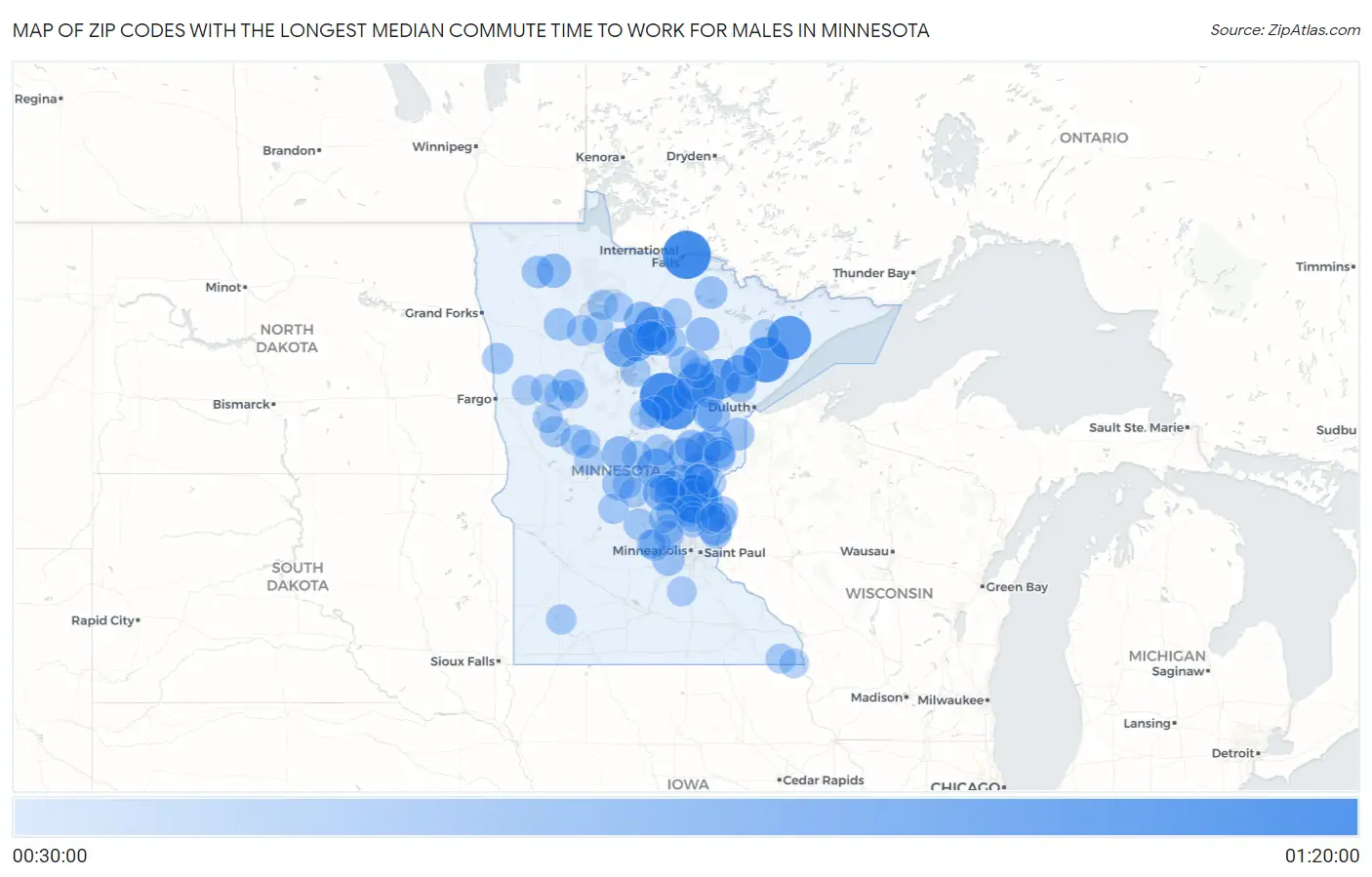 Zip Codes with the Longest Median Commute Time to Work for Males in Minnesota Map