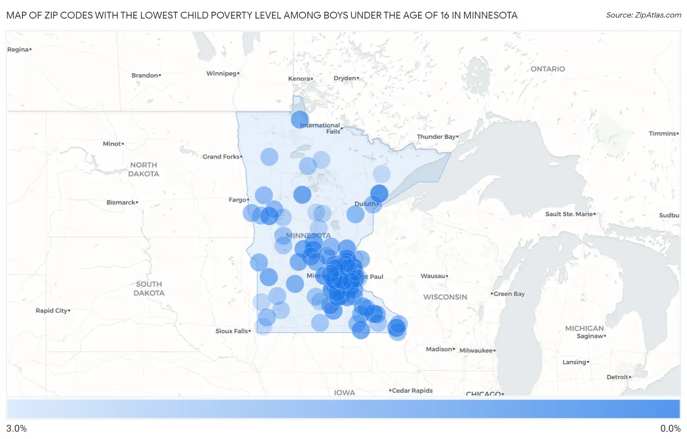 Zip Codes with the Lowest Child Poverty Level Among Boys Under the Age of 16 in Minnesota Map