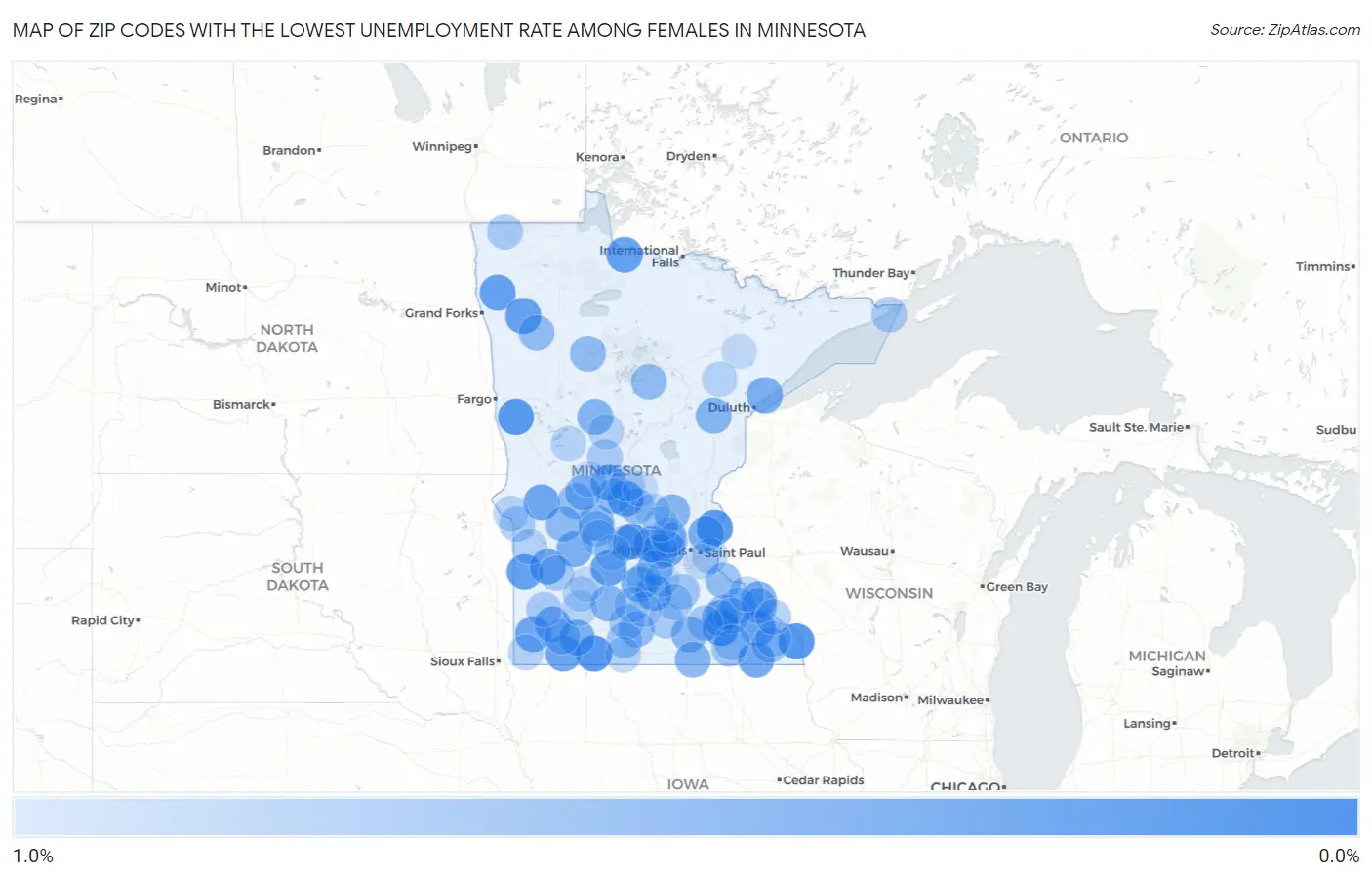 Zip Codes with the Lowest Unemployment Rate Among Females in Minnesota Map