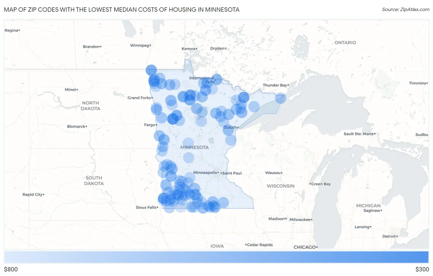 Zip Codes with the Lowest Median Costs of Housing in Minnesota Map