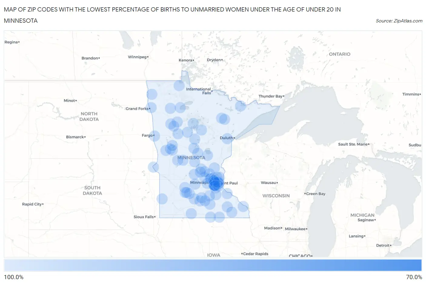 Zip Codes with the Lowest Percentage of Births to Unmarried Women under the Age of under 20 in Minnesota Map