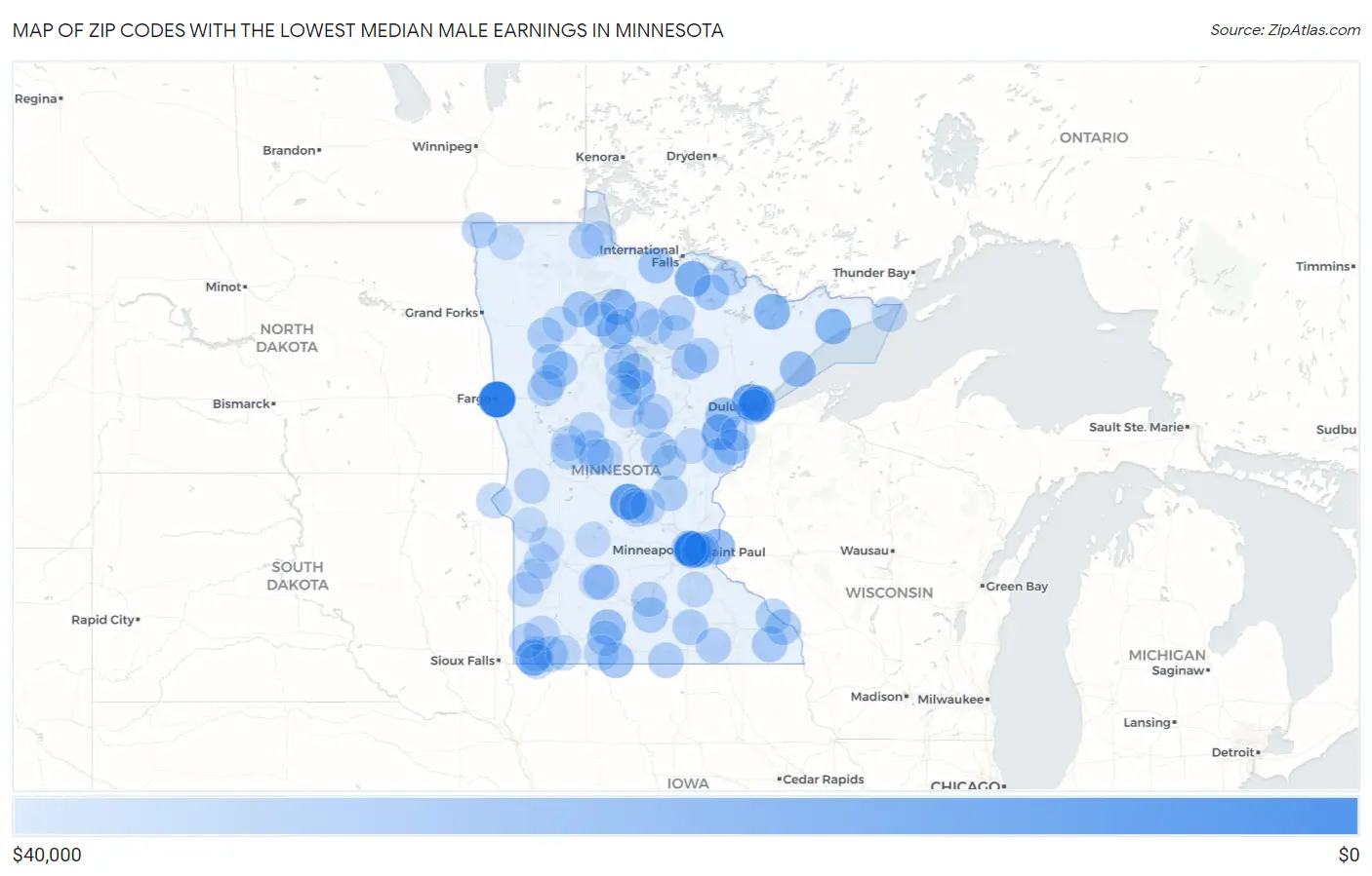 Zip Codes with the Lowest Median Male Earnings in Minnesota Map