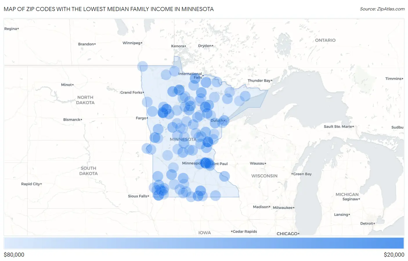Zip Codes with the Lowest Median Family Income in Minnesota Map